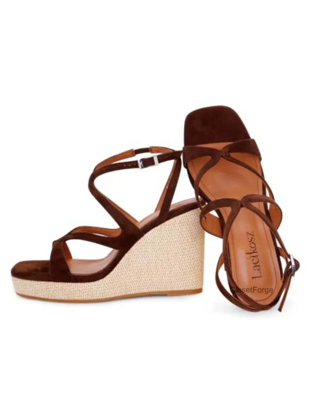 Women's Raffia Wedge Sandals Open Toe Ankle Strap Platform Faux Suede